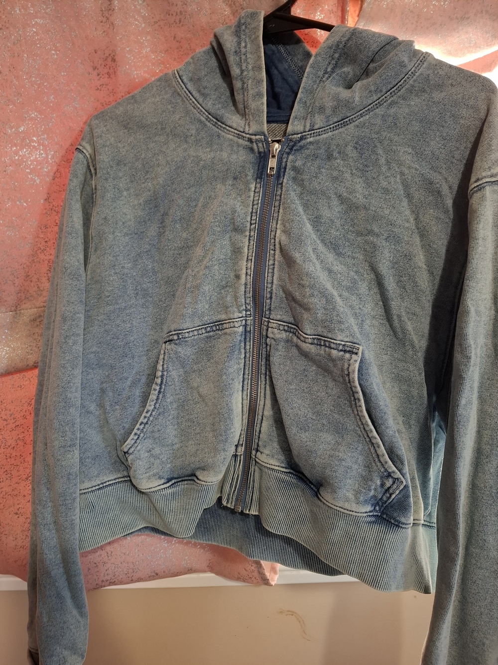 Good American Washed Blue Zip-Up Hoodie Jacket